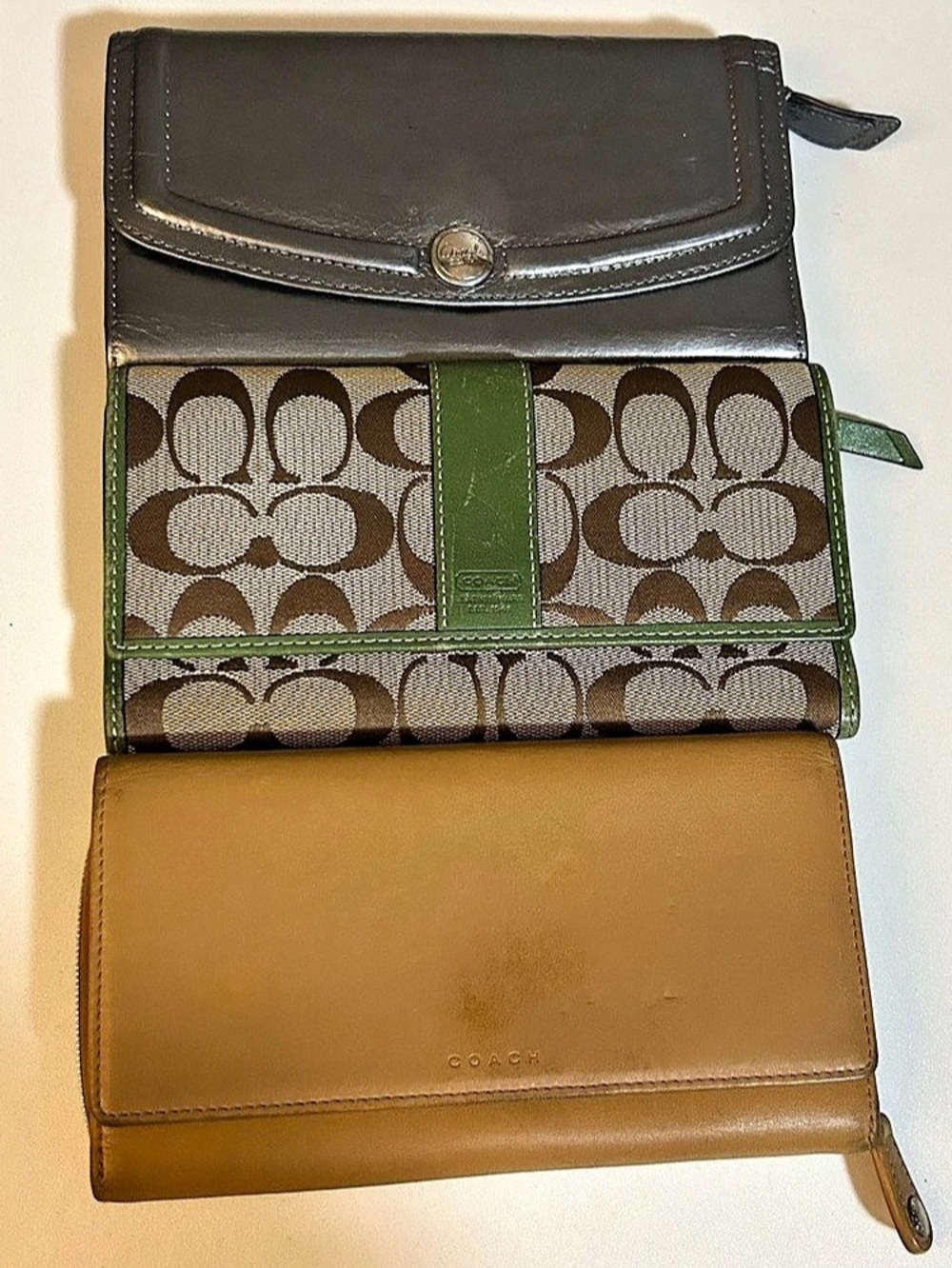 Coach Wallet Bundle Lot Of Three Vintage Camel Signature Green Silver